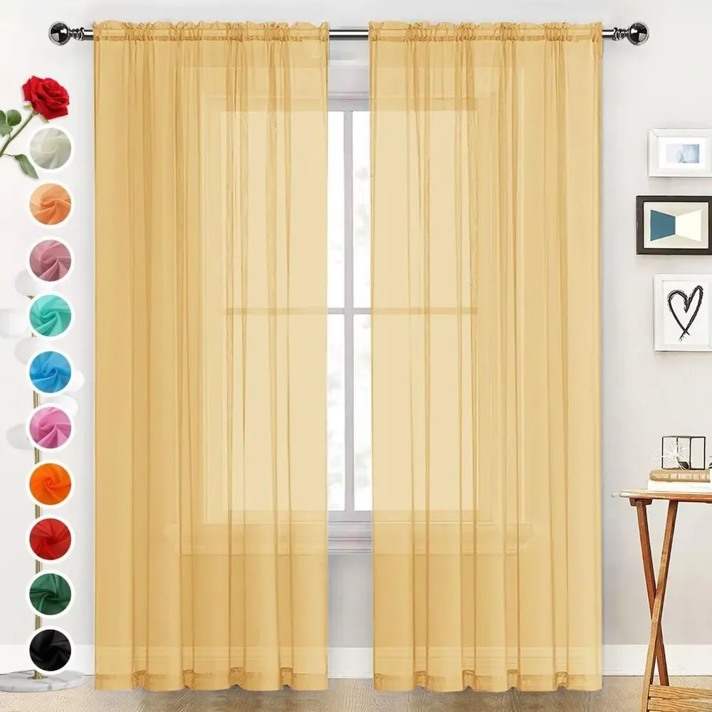 Set of 2 Curtain Panels, 52W x 45L, Sheer Voile Window Curtains (Gold)